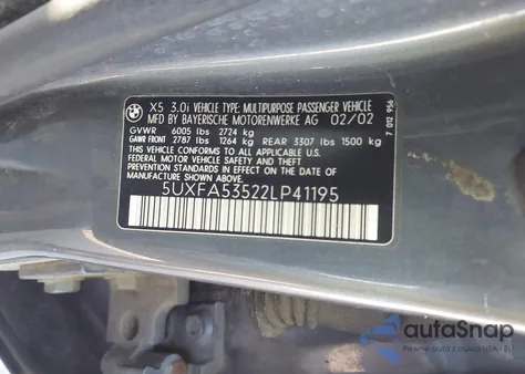 2002 BMW X5 3.0I из США, поврежденный, VIN 5UXFA53522LP41195